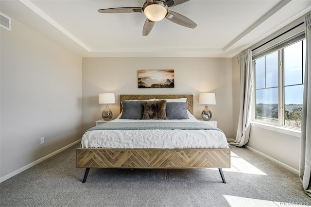 6880 Backcountry Loop, Colorado Springs, CO 80927 - carpeted bedroom featuring baseboards, ceiling fan, and a raised ceiling