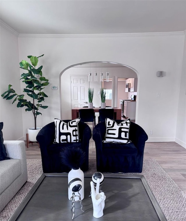 living area with crown molding, wood finished floors, arched walkways, and baseboards