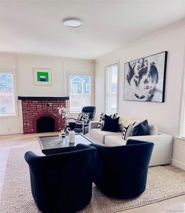 living area with baseboards, wood finished floors, ornamental molding, and a fireplace