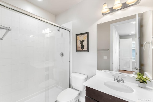 bathroom with a shower stall, toilet, and vanity