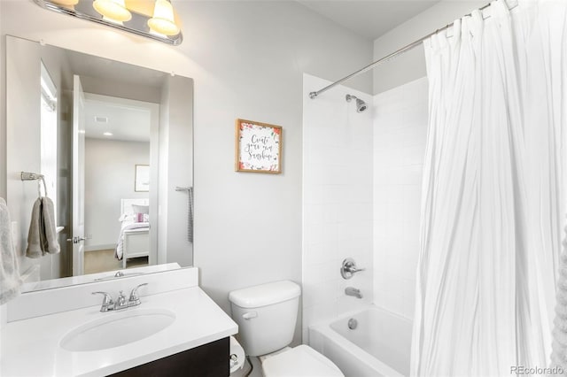 bathroom with toilet, ensuite bath, shower / bathtub combination with curtain, and vanity