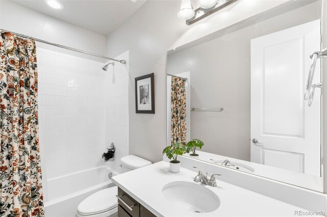 full bath with vanity, toilet, and shower / bathtub combination with curtain