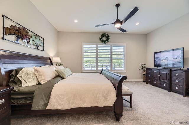 5668 Shadescale Way, Castle Rock, CO 80104 - bedroom featuring light carpet, recessed lighting, and ceiling fan