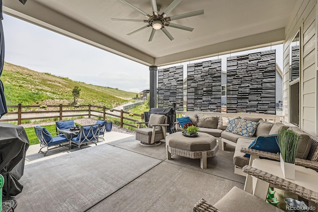 5668 Shadescale Way, Castle Rock, CO 80104 - view of patio featuring an outdoor hangout area, ceiling fan, and grilling area