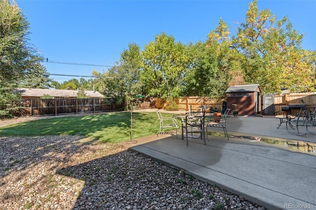 view of yard featuring a shed and a patio