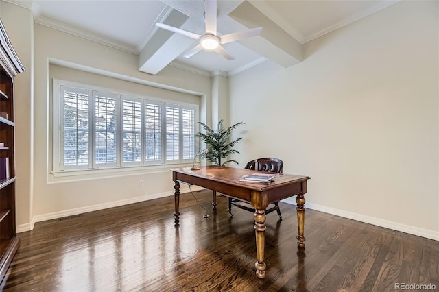 office area featuring ceiling fan, beamed ceiling, ornamental molding, and dark wood-type flooring