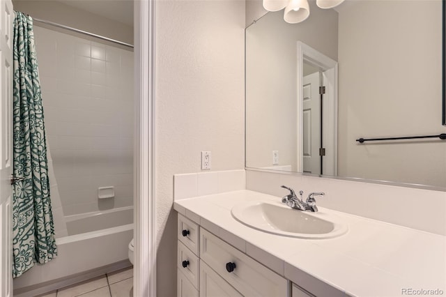 full bathroom featuring vanity, toilet, shower / tub combo with curtain, and tile patterned flooring