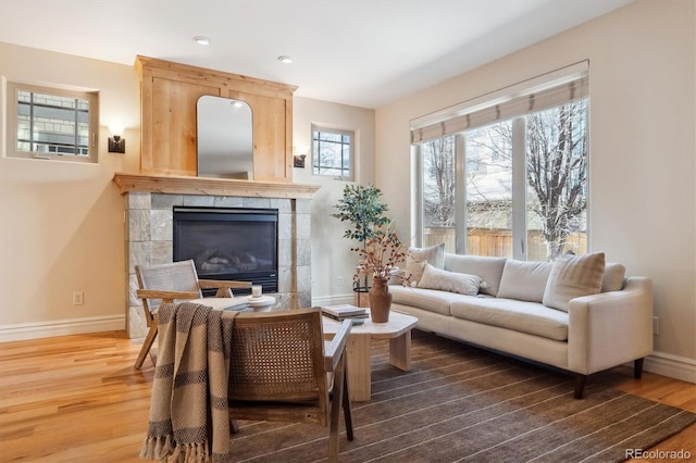 living room with a tiled fireplace and wood-type flooring