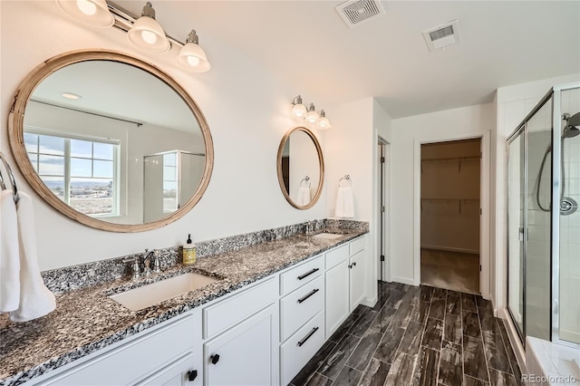 bathroom featuring vanity and a shower with shower door