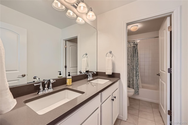 full bathroom with shower / tub combo with curtain, vanity, toilet, and tile patterned flooring