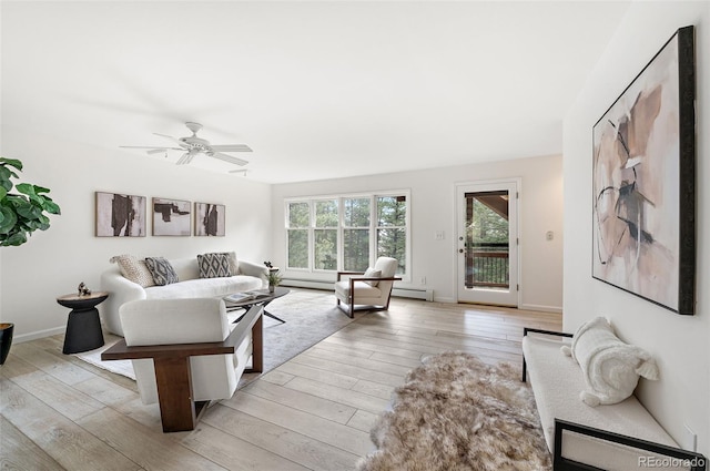 133 Mine Ln, Boulder, CO 80302 - living area featuring light wood finished floors, a baseboard radiator, and ceiling fan