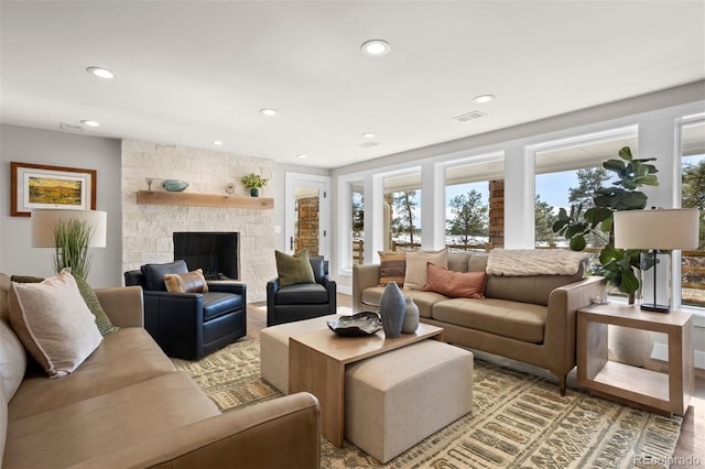 living room featuring hardwood / wood-style flooring and a fireplace