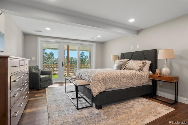 bedroom with beamed ceiling, dark wood-type flooring, and access to outside