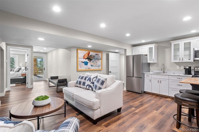 living room with dark hardwood / wood-style floors and sink