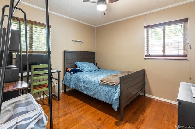 2876 S Wolff St, Denver, CO 80236 - bedroom with ornamental molding, wood finished floors, multiple windows, and ceiling fan