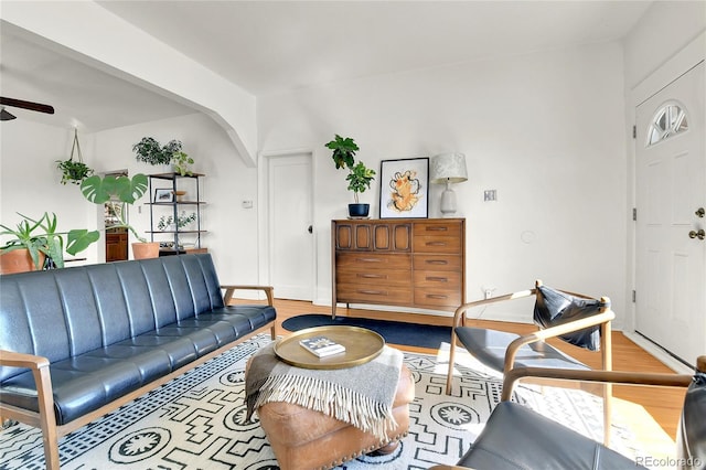 2327 Lowell Blvd, Denver, CO 80211 - living room with wood finished floors, a ceiling fan, and baseboards