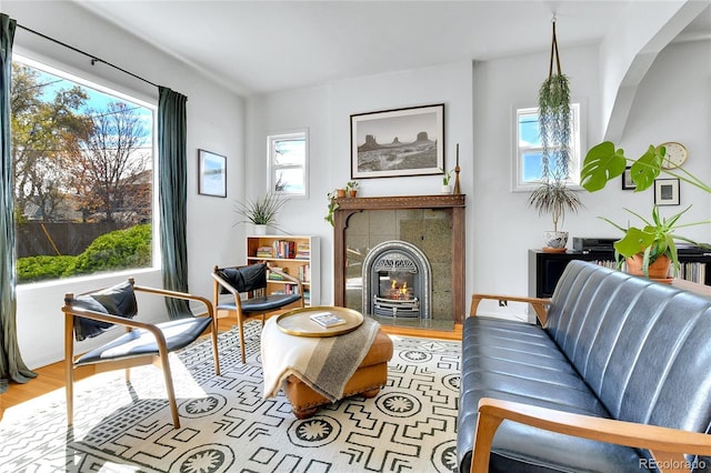 2327 Lowell Blvd, Denver, CO 80211 - living area featuring a fireplace, wood finished floors, and arched walkways