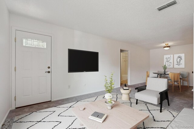 7275 S Gaylord St Unit I09, Littleton, CO 80122 - carpeted living area featuring baseboards and a textured ceiling
