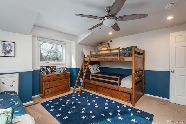 bedroom featuring baseboards, recessed lighting, and light colored carpet