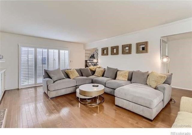 living room with crown molding and hardwood / wood-style flooring