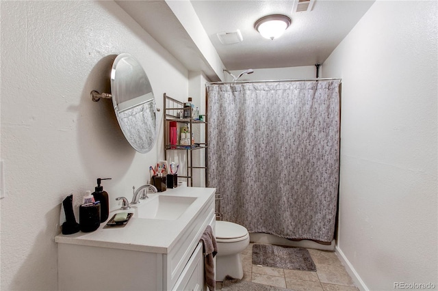 bathroom with toilet, visible vents, shower / bathtub combination with curtain, and vanity