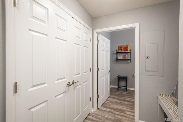 corridor featuring dark hardwood / wood-style flooring and electric panel