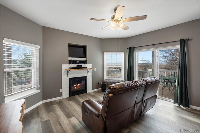 2428 W 82nd Pl Unit 2D, Westminster, CO 80031 - living room featuring plenty of natural light, a glass covered fireplace, wood finished floors, and a ceiling fan