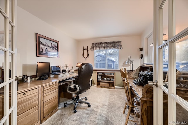 office featuring carpet flooring and french doors