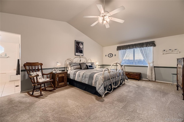 carpeted bedroom featuring ceiling fan and lofted ceiling