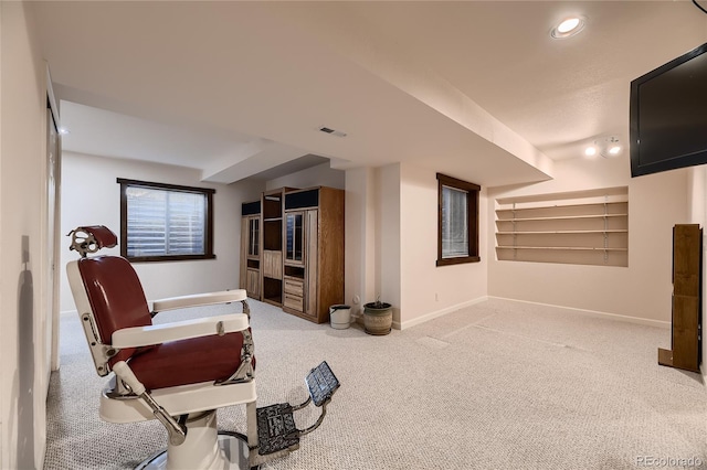 sitting room featuring carpet flooring and built in shelves