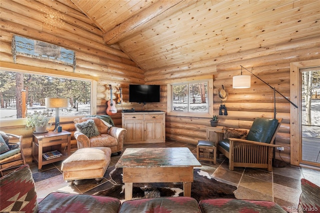 living room with beam ceiling, wood ceiling, high vaulted ceiling, and rustic walls