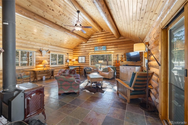 living room with wood ceiling, ceiling fan, high vaulted ceiling, beamed ceiling, and a wood stove