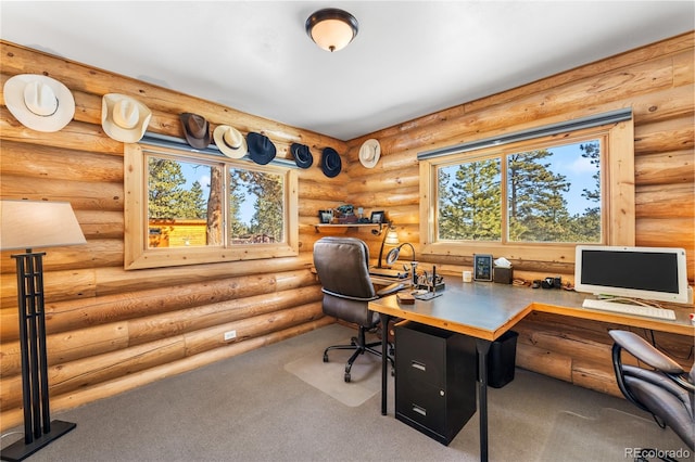 carpeted home office featuring log walls