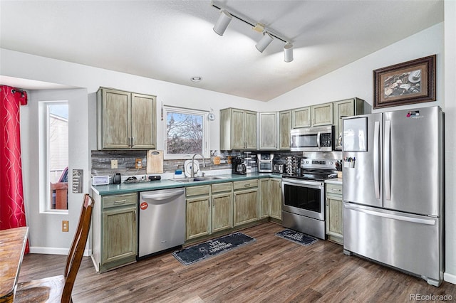 kitchen featuring vaulted ceiling, dark hardwood / wood-style floors, tasteful backsplash, appliances with stainless steel finishes, and sink