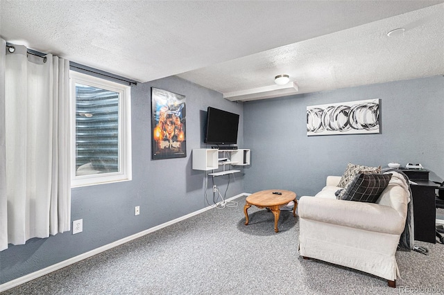 living area featuring a textured ceiling and carpet floors