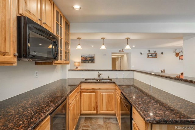 2105 Baguette Dr, Castle Rock, CO 80108 - kitchen featuring black appliances, wine cooler, glass insert cabinets, decorative light fixtures, and dark stone counters