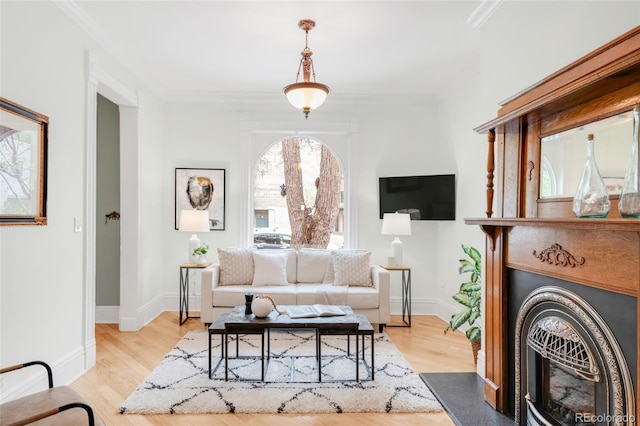3147 Vallejo St, Denver, CO 80211 - living area with light wood-style flooring, baseboards, and ornamental molding