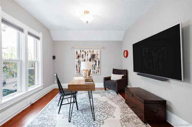 3147 Vallejo St, Denver, CO 80211 - home office featuring wood finished floors, vaulted ceiling, and baseboards
