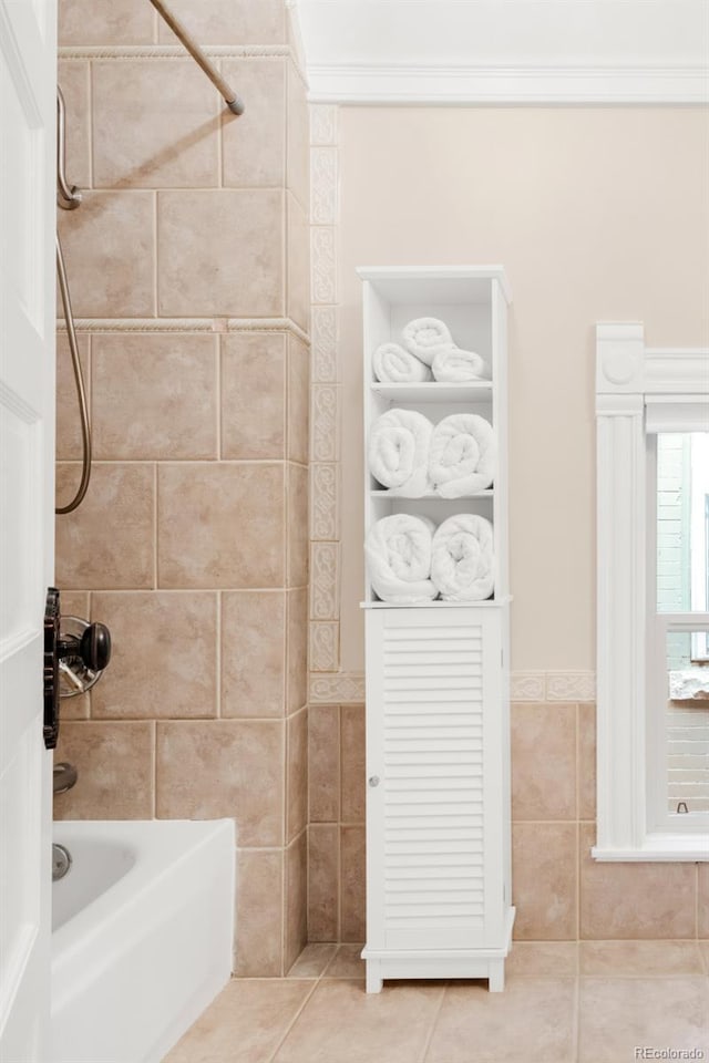 3147 Vallejo St, Denver, CO 80211 - full bathroom with tile walls, shower / bath combination, tile patterned flooring, and ornamental molding