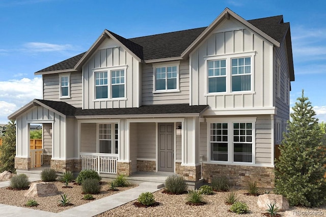 13568 E 111th Ave, Commerce City, CO 80022 - craftsman-style house with board and batten siding, a porch, and stone siding