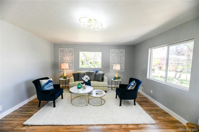 sitting room with baseboards and wood finished floors