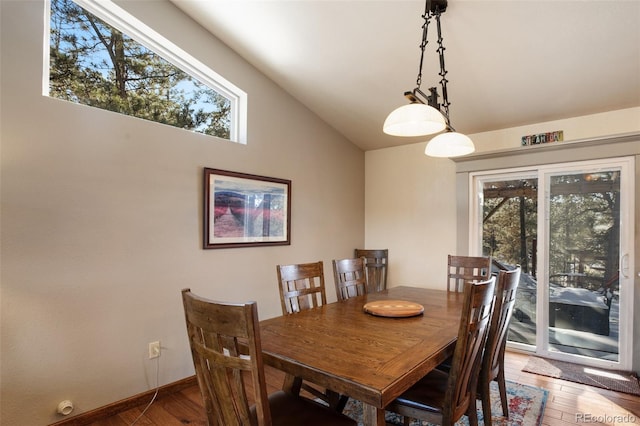 517 Crystal Peak Rd, Florissant, CO 80816 - dining space with wood-type flooring, vaulted ceiling, and baseboards