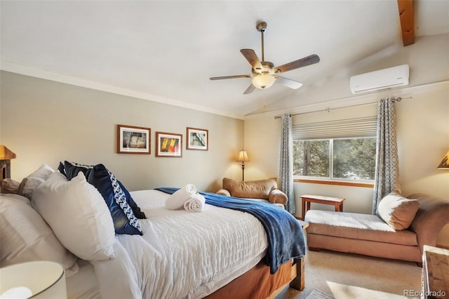517 Crystal Peak Rd, Florissant, CO 80816 - bedroom with an AC wall unit, carpet flooring, and a ceiling fan