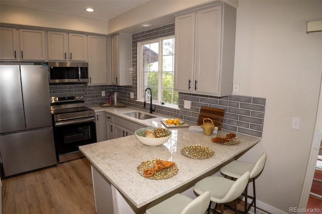 6845 S Webster St Unit E, Littleton, CO 80128 - kitchen featuring appliances with stainless steel finishes, a peninsula, light stone counters, wood finished floors, and backsplash