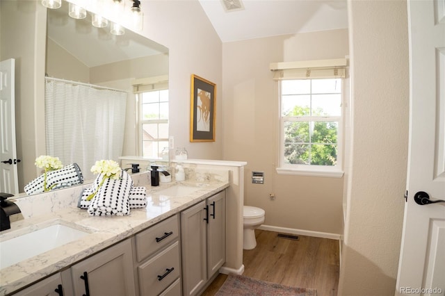 6845 S Webster St Unit E, Littleton, CO 80128 - full bath with wood finished floors, double vanity, plenty of natural light, lofted ceiling, and curtained shower