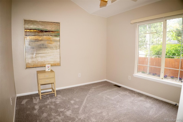 6845 S Webster St Unit E, Littleton, CO 80128 - spare room with ceiling fan, carpet, and lofted ceiling