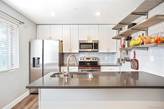 2438 W 24th Street Rd, Greeley, CO 80634 - kitchen with appliances with stainless steel finishes, open shelves, a sink, dark countertops, and plenty of natural light