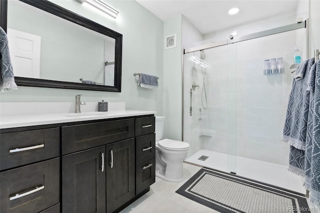 full bath featuring a shower stall, visible vents, vanity, and toilet