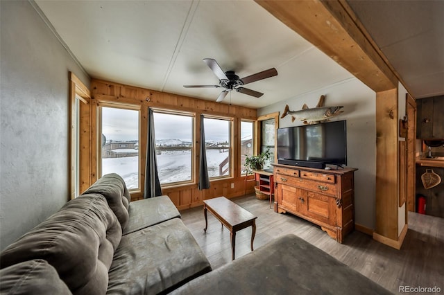 living room featuring ceiling fan and light hardwood / wood-style floors