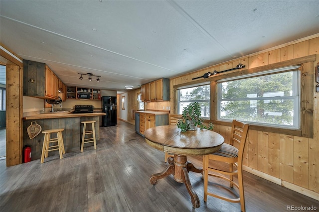 dining space with plenty of natural light, dark hardwood / wood-style floors, and wood walls